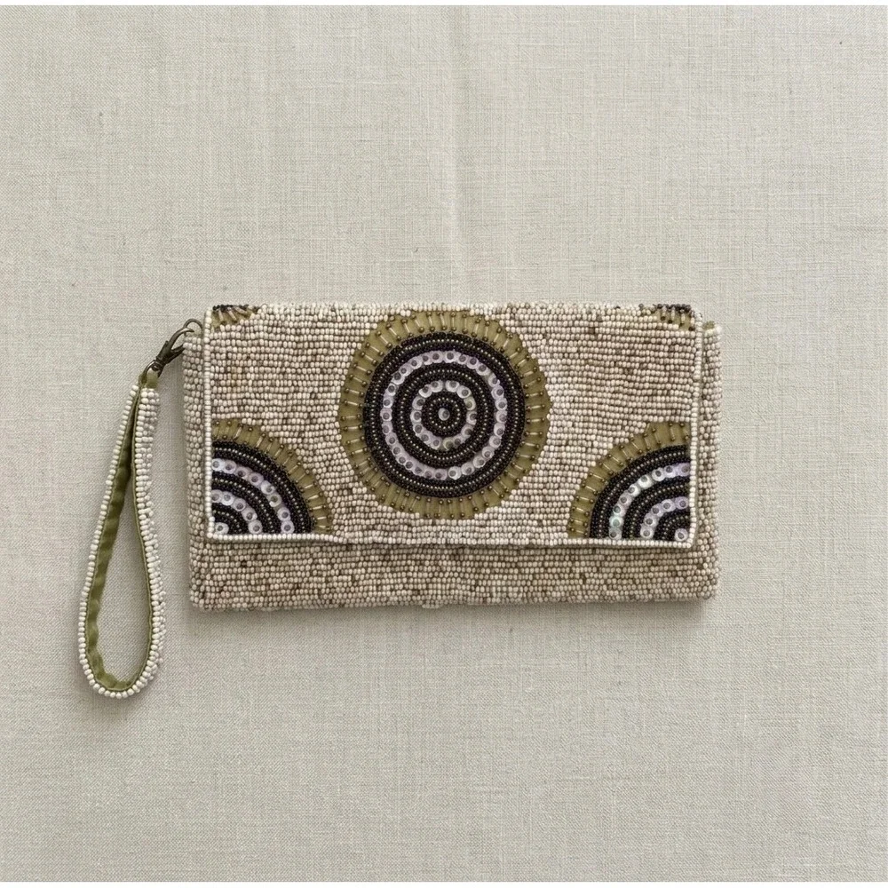 Little‎ Joe Woman Gail Elliott Beaded Wristlet Clutch Cream Gold Art Deco Boho